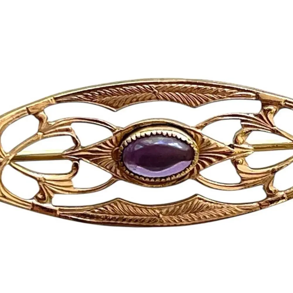 Antique Art Deco 14K 1/20 GF Ornate Mini Bar Brooch Pin+ Paste Amethyst 1.5x.5 - Picture 8 of 9